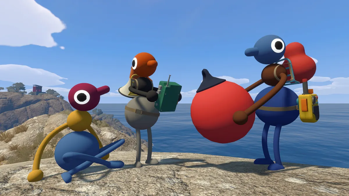 Big Walk characters geared up with backpacks on the beach