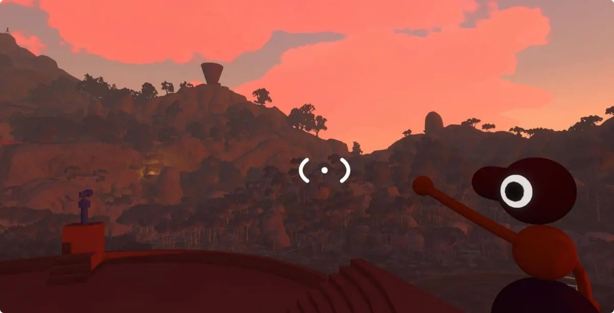 Sunset over the Big Walk island with a character waving from a ridge